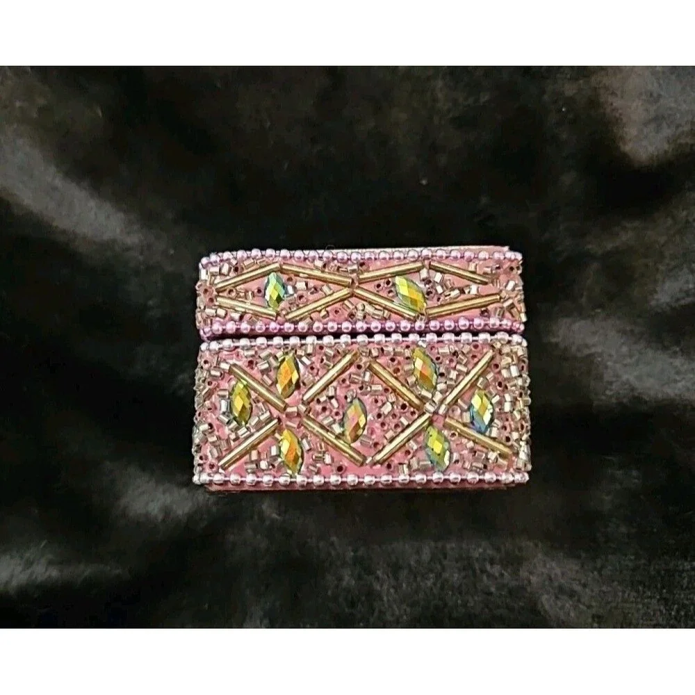 Cute Vintage Look Painted Beaded Trinket Box With Cat Image And Wooden Inside